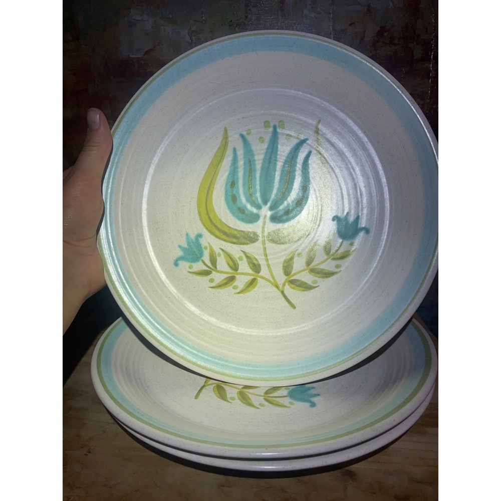 Vintage Franciscan Earthenware Tulip Time Dinner Plates/ 3 Blue Green MCM USA